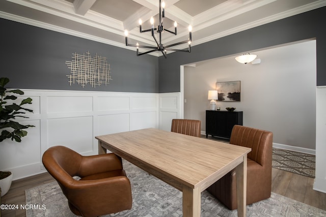 301 Glassmine Trl Unit 48, Aberdeen, NC 28315 - dining room featuring a chandelier, coffered ceiling, beam ceiling, ornamental molding, and wood finished floors