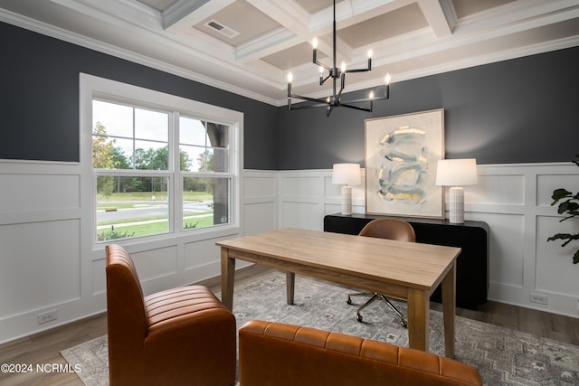 301 Glassmine Trl Unit 48, Aberdeen, NC 28315 - office space featuring a decorative wall, coffered ceiling, ornamental molding, beamed ceiling, and wood finished floors
