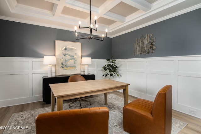 301 Glassmine Trl Unit 48, Aberdeen, NC 28315 - office area with crown molding, coffered ceiling, a decorative wall, beamed ceiling, and a chandelier
