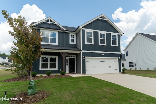 301 Glassmine Trl Unit 48, Aberdeen, NC 28315 - craftsman house featuring an attached garage, driveway, a front yard, and board and batten siding