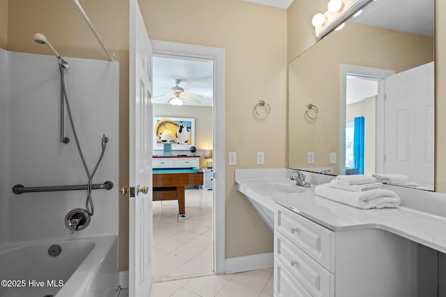 9711 Dolphin Ridge Rd, Emerald Isle, NC 28594 - full bathroom with tile patterned floors, vanity, bathtub / shower combination, ceiling fan, and ensuite bath