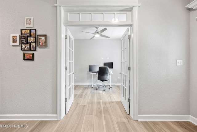 145 Beechnut Ave, South Mills, NC 27976 - office area with french doors, light wood-style floors, a ceiling fan, and a textured wall