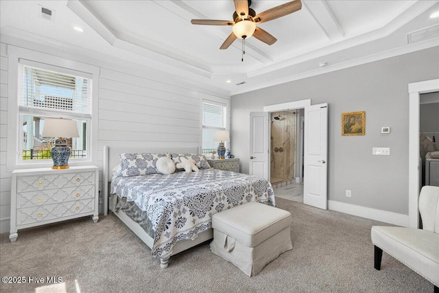 385 Summerhouse Dr, Holly Ridge, NC 28445 - bedroom featuring carpet, recessed lighting, ceiling fan, a tray ceiling, and crown molding