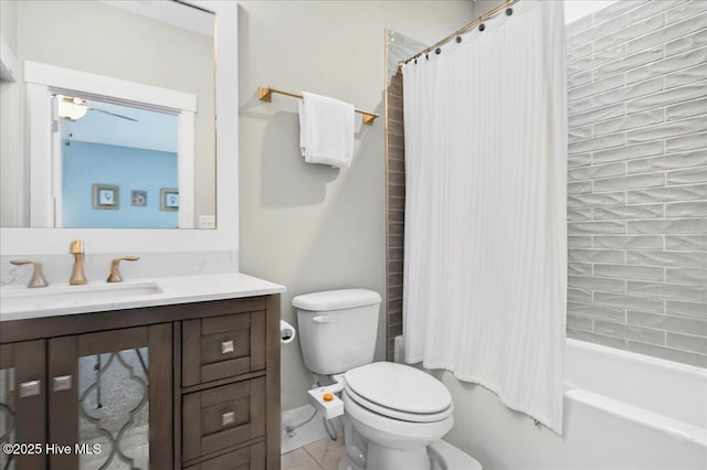 385 Summerhouse Dr, Holly Ridge, NC 28445 - bathroom with vanity, shower / bathtub combination with curtain, and a ceiling fan