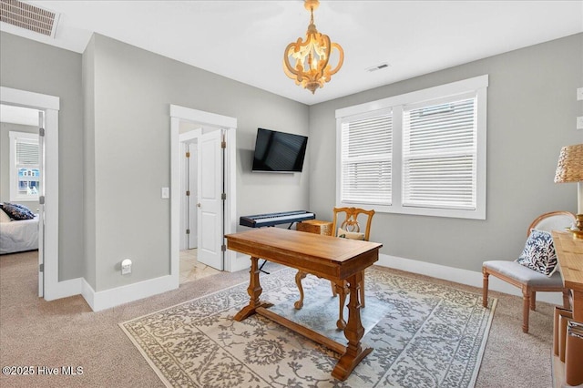 385 Summerhouse Dr, Holly Ridge, NC 28445 - office area featuring light colored carpet, plenty of natural light, and a chandelier