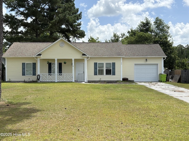 117 Boysenberry Fields Rd, Maple Hill, NC 28454 - ranch-style house featuring covered porch, driveway, a garage, and roof with shingles