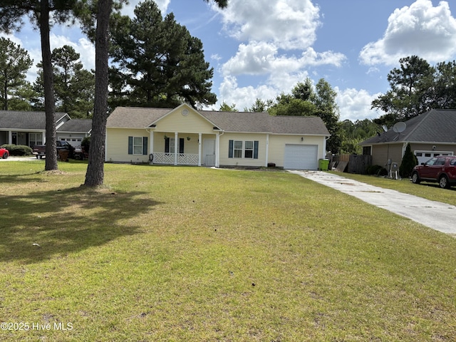 117 Boysenberry Fields Rd, Maple Hill, NC 28454 - ranch-style house with a porch, an attached garage, concrete driveway, and a front yard