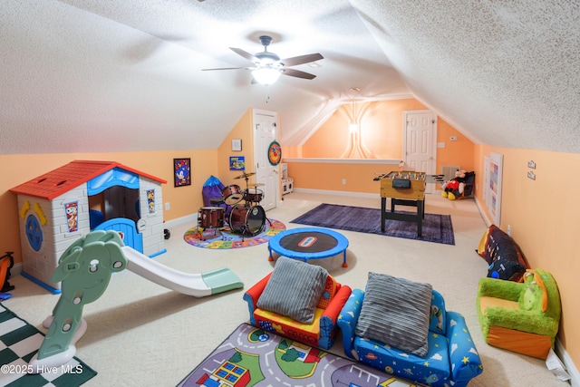 4409 Pinehurst Dr N, Wilson, NC 27896 - rec room with a textured ceiling, lofted ceiling, carpet floors, and a ceiling fan