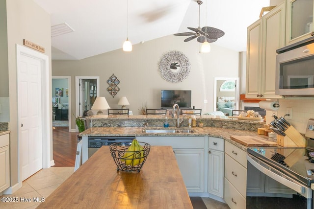 1113 Palmer Way, Morehead City, NC 28557 - kitchen with wooden counters, appliances with stainless steel finishes, lofted ceiling, ceiling fan, and open floor plan