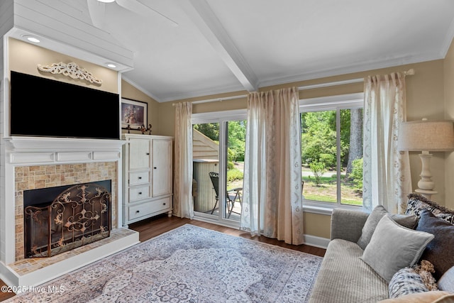 241 Saint James Ct, Wilmington, NC 28409 - living area featuring dark wood finished floors, a fireplace, ceiling fan, and crown molding