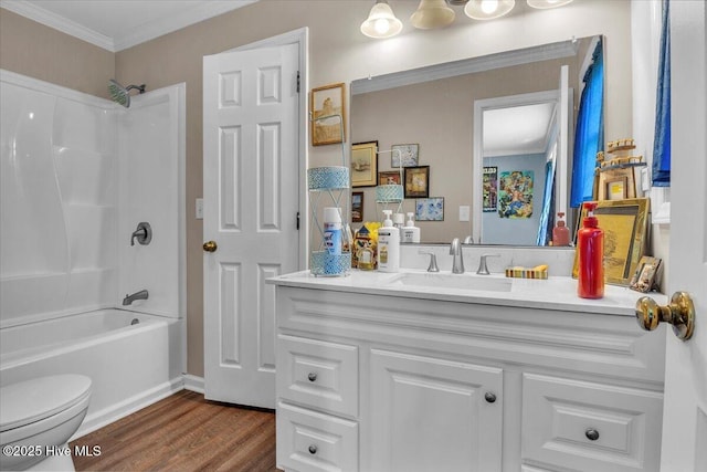 198 Verona Rd, Jacksonville, NC 28540 - bathroom with vanity, wood finished floors, ornamental molding, and shower / bathtub combination