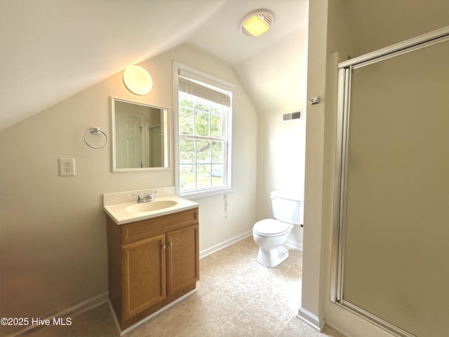 226 Community Rd, Lillington, NC 27546 - bathroom featuring vanity, lofted ceiling, and a stall shower