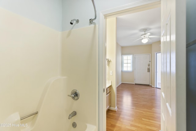 215 Royal Poste Rd Unit 2709, Sunset Beach, NC 28468 - full bathroom with  shower combination, wood finished floors, a ceiling fan, and vanity