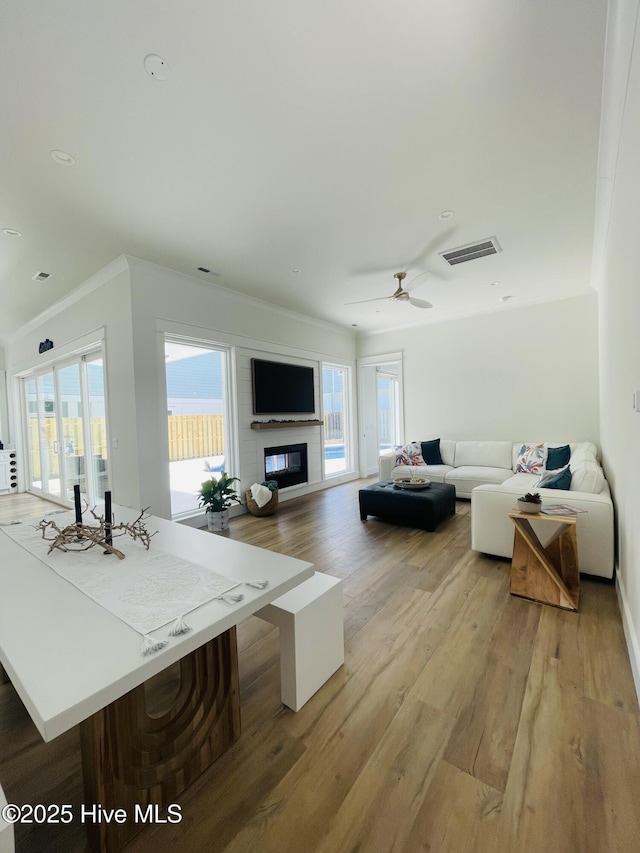 1320 Searay Ln, Carolina Beach, NC 28428 - living room with light wood-style floors, a large fireplace, ornamental molding, and ceiling fan