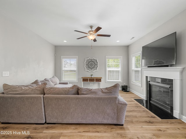 510 Transom Way, Sneads Ferry, NC 28460 - living area with ceiling fan, a fireplace with flush hearth, recessed lighting, and light wood-style floors
