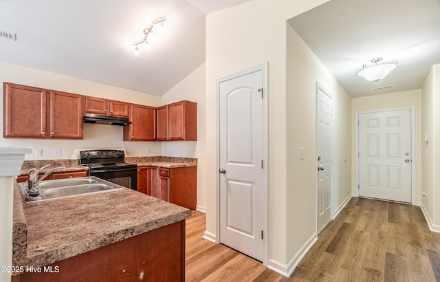 3021 Evening Rd, Castle Hayne, NC 28429 - kitchen with electric range, under cabinet range hood, light wood finished floors, brown cabinets, and vaulted ceiling