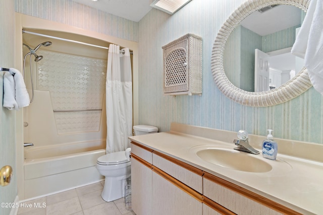 811 Colony Pl # D, Sunset Beach, NC 28468 - bathroom with wallpapered walls, shower / tub combo, tile patterned flooring, and vanity