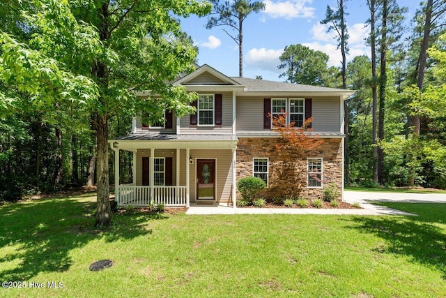 650 Ginseng Dr, Vass, NC 28394 - view of front of home featuring a porch, stone siding, and a front lawn