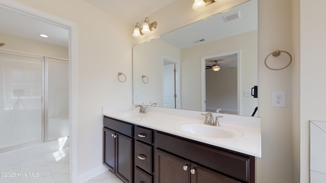 341 Oleander Dr, Greenville, NC 27858 - full bath with double vanity, a shower with door, ceiling fan, and marble finish floors