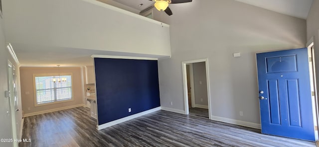 196 Asheberne Dr, Washington, NC 27889 - entrance foyer with dark wood finished floors, ceiling fan, a chandelier, and a towering ceiling