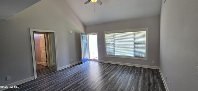 196 Asheberne Dr, Washington, NC 27889 - unfurnished room featuring dark wood finished floors, a ceiling fan, and high vaulted ceiling