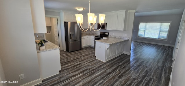 196 Asheberne Dr, Washington, NC 27889 - kitchen with stainless steel appliances, a chandelier, a peninsula, white cabinets, and crown molding