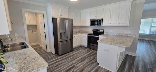 196 Asheberne Dr, Washington, NC 27889 - kitchen featuring stainless steel appliances, a peninsula, white cabinets, dark wood finished floors, and ornamental molding