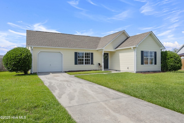 6739 Newbury Way, Wilmington, NC 28411 - ranch-style home with a garage, concrete driveway, a front yard, and a shingled roof