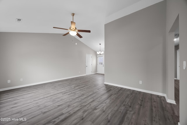 6739 Newbury Way, Wilmington, NC 28411 - unfurnished living room with ceiling fan, a chandelier, wood finished floors, and vaulted ceiling