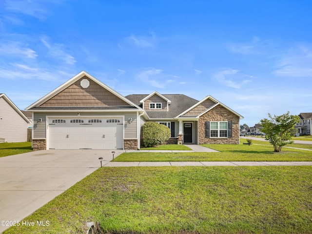 206 Riverstone Ct, Jacksonville, NC 28546 - craftsman inspired home featuring stone siding, a front lawn, an attached garage, and concrete driveway