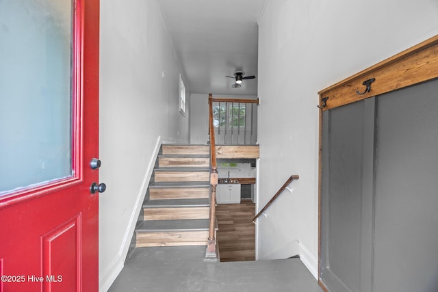 1955 Banks School Rd, Kinston, NC 28504 - staircase featuring ceiling fan and wood finished floors