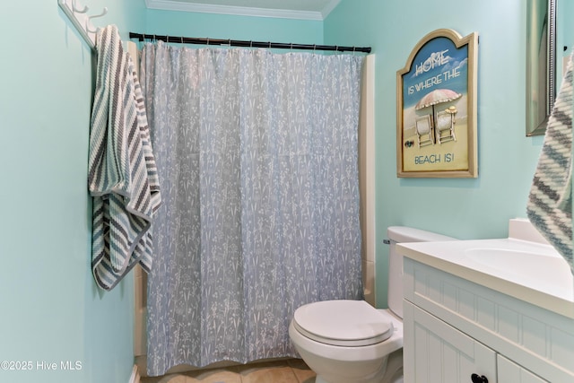 2224 New River Inlet Rd Unit 233, North Topsail Beach, NC 28460 - bathroom with vanity, ornamental molding, curtained shower, and tile patterned flooring