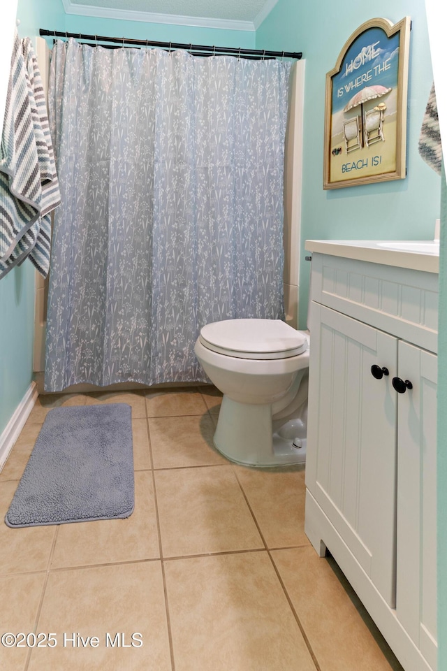 2224 New River Inlet Rd Unit 233, North Topsail Beach, NC 28460 - bathroom with ornamental molding, tile patterned flooring, vanity, and a shower with shower curtain