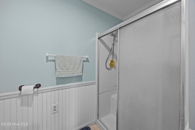 117 Forecastle Ct, Washington, NC 27889 - bathroom with wainscoting, a stall shower, and crown molding