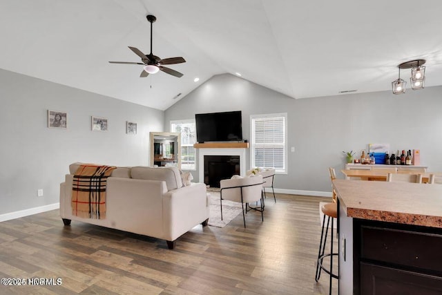939 Dynamo Ln, Jacksonville, NC 28546 - living area featuring a ceiling fan, a fireplace, dark wood-type flooring, and high vaulted ceiling