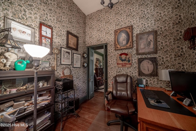900 Nash St N, Wilson, NC 27893 - home office with hardwood / wood-style flooring, lofted ceiling, and wallpapered walls