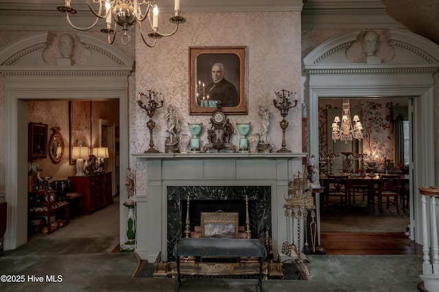 900 Nash St N, Wilson, NC 27893 - living area featuring a chandelier, a premium fireplace, and crown molding