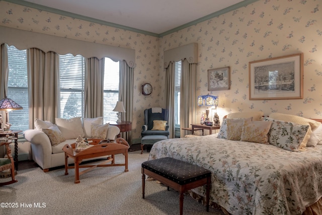 900 Nash St N, Wilson, NC 27893 - bedroom featuring wallpapered walls, ornamental molding, multiple windows, and carpet floors