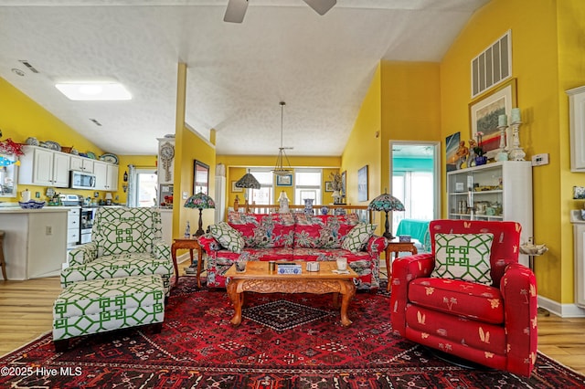 4061 4th St, Surf City, NC 28445 - living area with wood finished floors, ceiling fan, lofted ceiling, and a textured ceiling