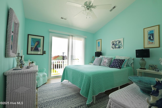 4061 4th St, Surf City, NC 28445 - bedroom with vaulted ceiling, access to outside, and ceiling fan