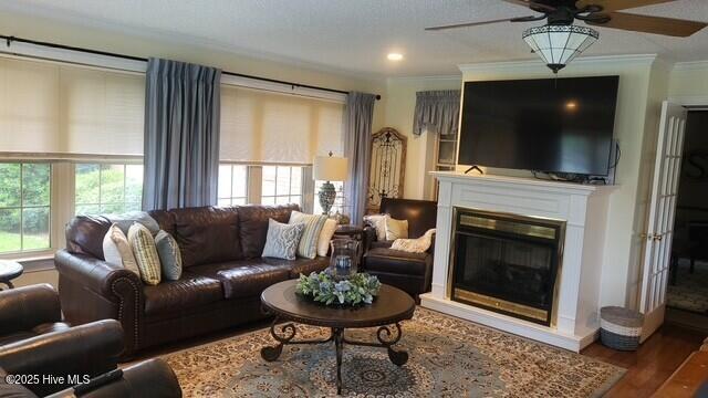 2262 Old Oak Rd, Kinston, NC 28504 - living area with crown molding, a ceiling fan, a glass covered fireplace, and wood finished floors