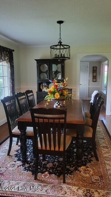2262 Old Oak Rd, Kinston, NC 28504 - dining space with arched walkways, wood finished floors, a chandelier, and a textured ceiling