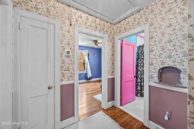 1710 National Ave, New Bern, NC 28560 - hall featuring wallpapered walls, wood finished floors, and attic access