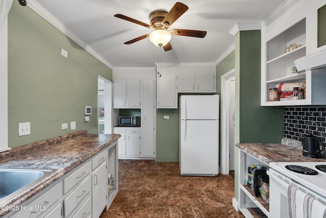 104 W Bayshore Blvd, Jacksonville, NC 28540 - kitchen with white appliances, open shelves, ceiling fan, ornamental molding, and white cabinets