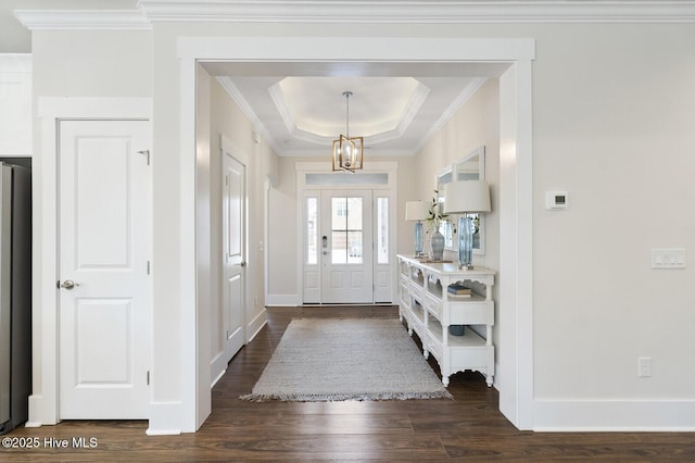 449 Motts Forest Rd Unit 64R, Wilmington, NC 28412 - foyer entrance with a raised ceiling, dark wood-style flooring, and crown molding
