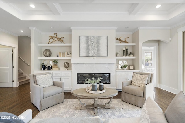 449 Motts Forest Rd Unit 64R, Wilmington, NC 28412 - living area featuring wood finished floors, crown molding, recessed lighting, stairway, and coffered ceiling