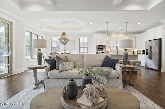 449 Motts Forest Rd Unit 64R, Wilmington, NC 28412 - living area with dark wood-type flooring, ornamental molding, a chandelier, and recessed lighting