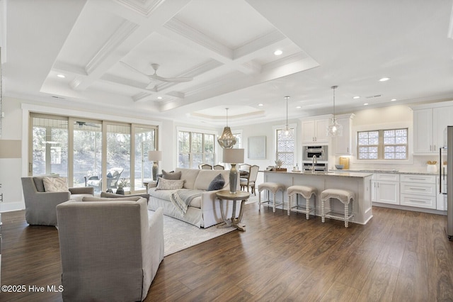 449 Motts Forest Rd Unit 64R, Wilmington, NC 28412 - living room featuring a ceiling fan, dark wood-type flooring, recessed lighting, crown molding, and beam ceiling