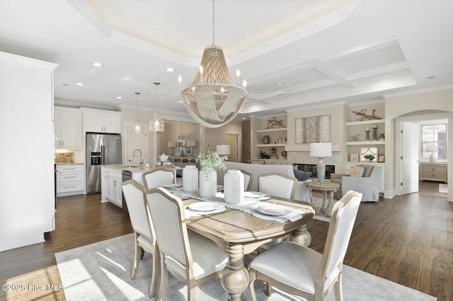 449 Motts Forest Rd Unit 64R, Wilmington, NC 28412 - dining room featuring ornamental molding, a chandelier, dark wood-style floors, recessed lighting, and a fireplace