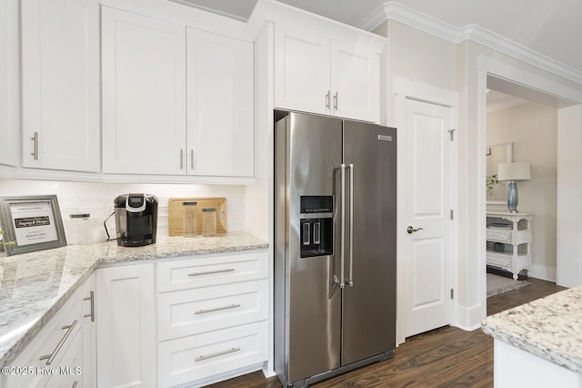449 Motts Forest Rd Unit 64R, Wilmington, NC 28412 - kitchen with high end fridge, crown molding, dark wood-type flooring, backsplash, and white cabinetry
